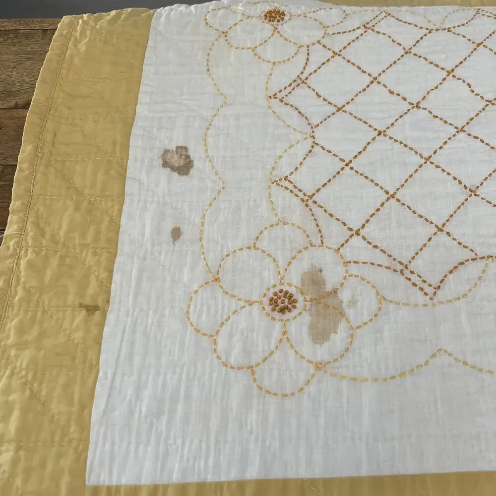 Handmade Hand Quilted Yellow Floral Embroidery Cotton Quilt Bedspread 75